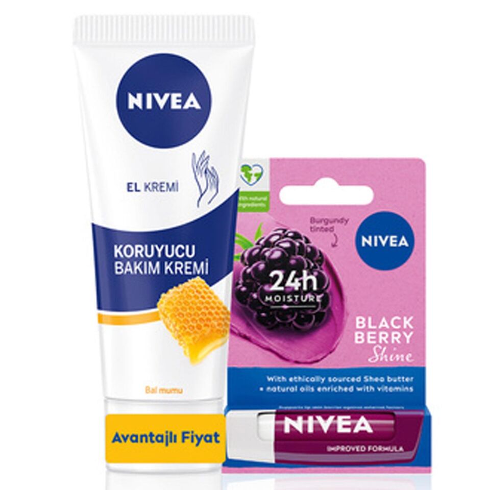 Nivea Böğürtlen Dudak Bakım Kremi 4.8gr ve Koruyucu Bal El Bakım Kremi İkili Set 4.8 gr + 75 ml