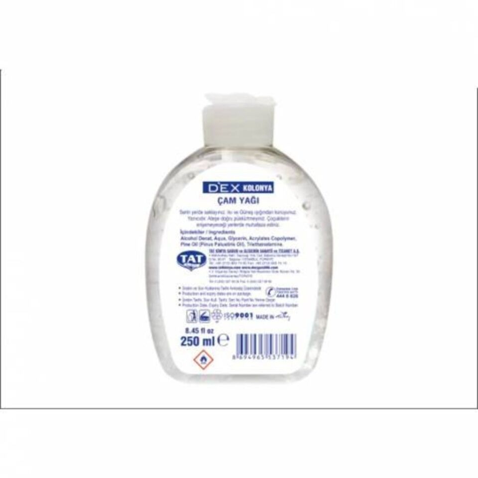 Dex Jel Kolonya Çam Yağı 250 Ml 70 Derece Farmasötik Gliserin Antiseptik Dezenfektan