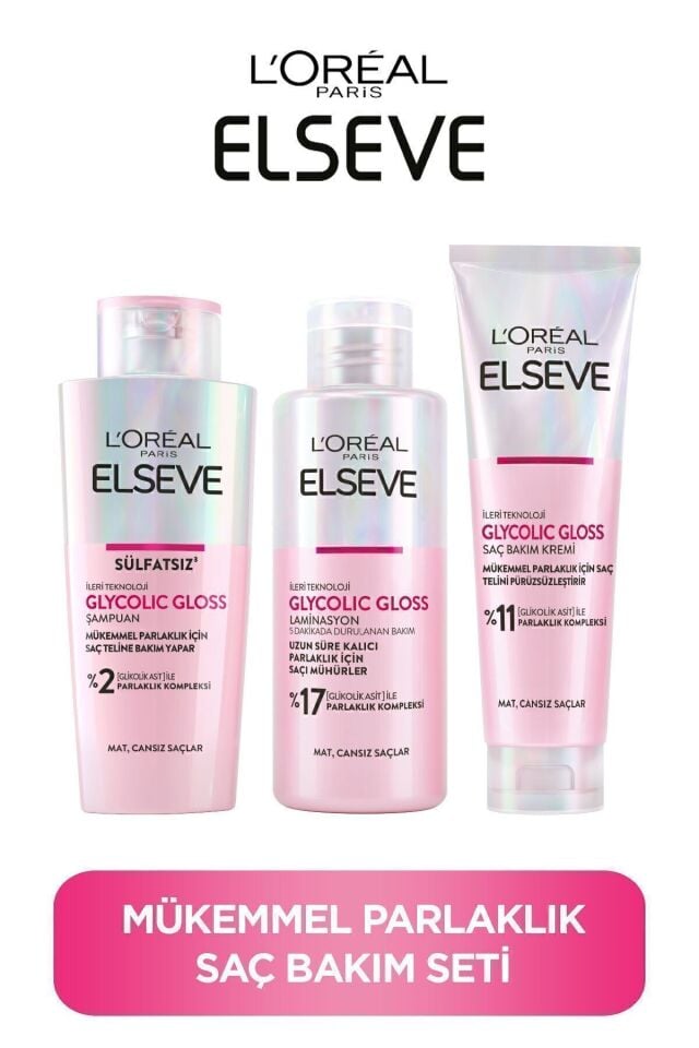 Elseve Glycolic Gloss 3lü Saç Bakım Seti Mükemmel Parlaklık Şampuan 200ML + Saç Kremi 150ML+ Laminasyon Bakım 200ML