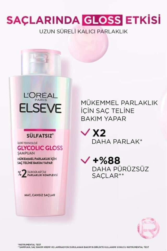 Elseve Glycolic Gloss 3lü Saç Bakım Seti Mükemmel Parlaklık Şampuan 200ML + Saç Kremi 150ML+ Laminasyon Bakım 200ML