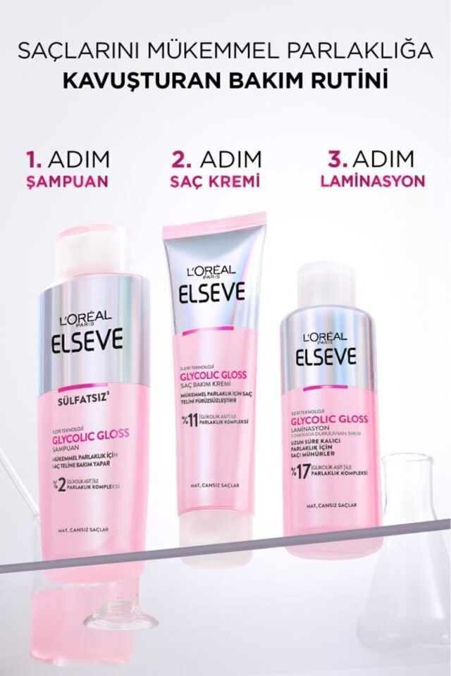 Elseve Glycolic Gloss 3lü Saç Bakım Seti Mükemmel Parlaklık Şampuan 200ML + Saç Kremi 150ML+ Laminasyon Bakım 200ML