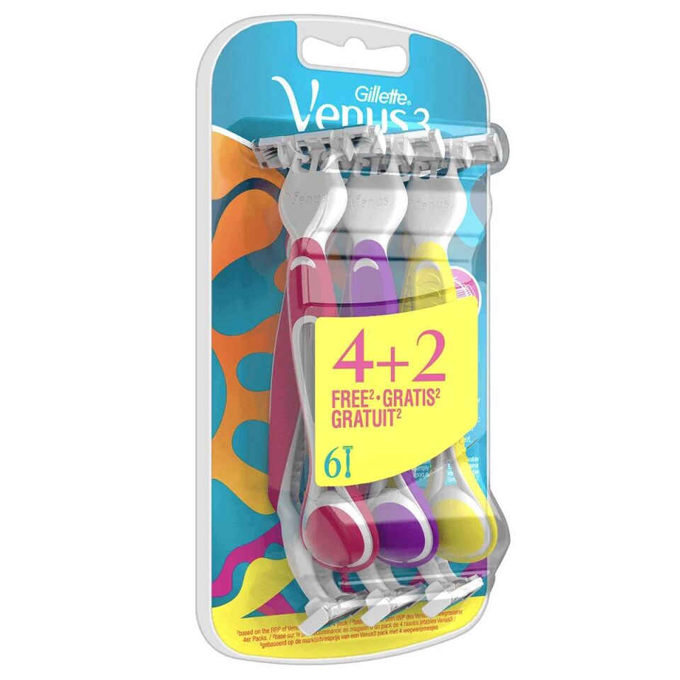 Gillette Venus Renkli 3 Bıçaklı Kullan At Kadın Tıraş Bıçağı 4 + 2 Adet