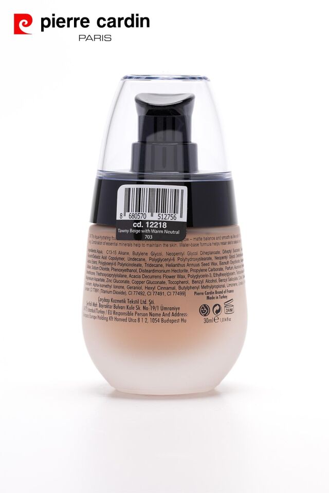 12218-Pierre Cardin Aqua Wow Mineralli Su Bazlı Fondöten Tawny Beige 703 with Warm Neutral