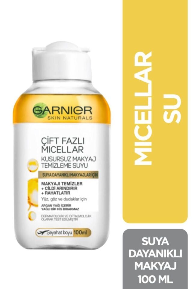 Garnier Çift Fazlı Micellar Suya Dayanıklı Kusursuz Makyaj Temizleme Suyu 100 ml Yüz+Göz+Dudak