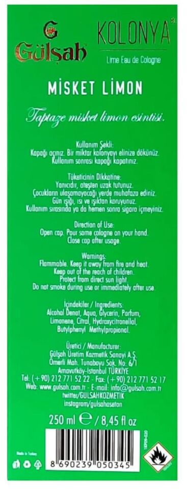 Gülşah Kolonya Misket Limon Cam Şişe 250 Ml 80 Derece