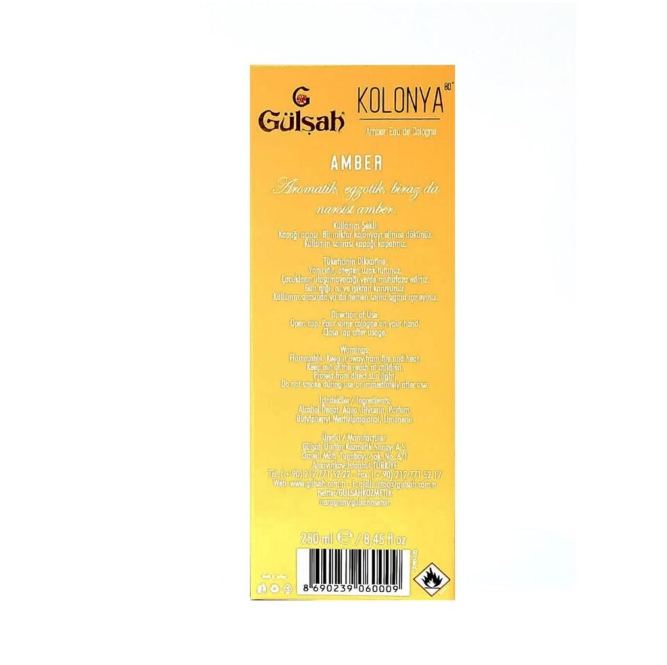 Gülşah Kolonya Amber Cam Şişe 250 Ml 80 Derece