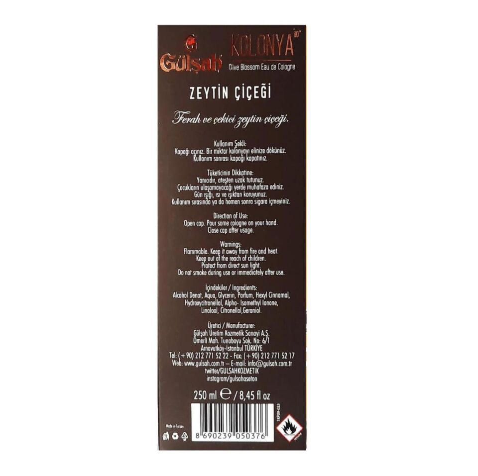 Gülşah Kolonya Zeytin Çiçeği Cam Şişe 250 Ml 80 Derece