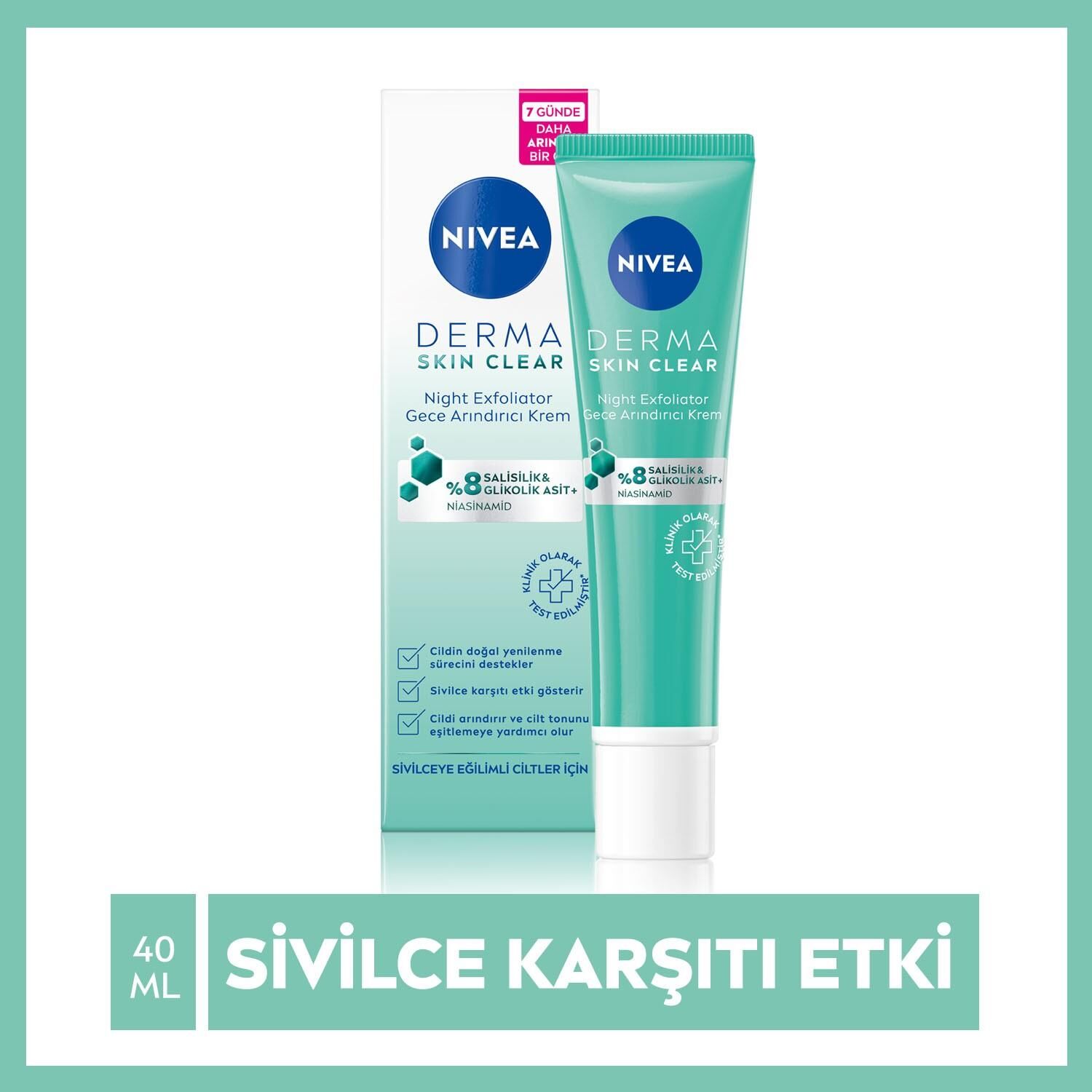 NIVEA Derma Skin Clear Night Exfoliator Gece Arındırıcı Krem 40ml, %8 Glikolik Asit (AHA) ve Salisil