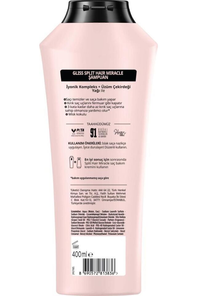 Gliss Split Hair Miracle İyonik Kompleks Kırık Uçları Mühürleyen Şampuan 400 ml Yıpranmış Saçla