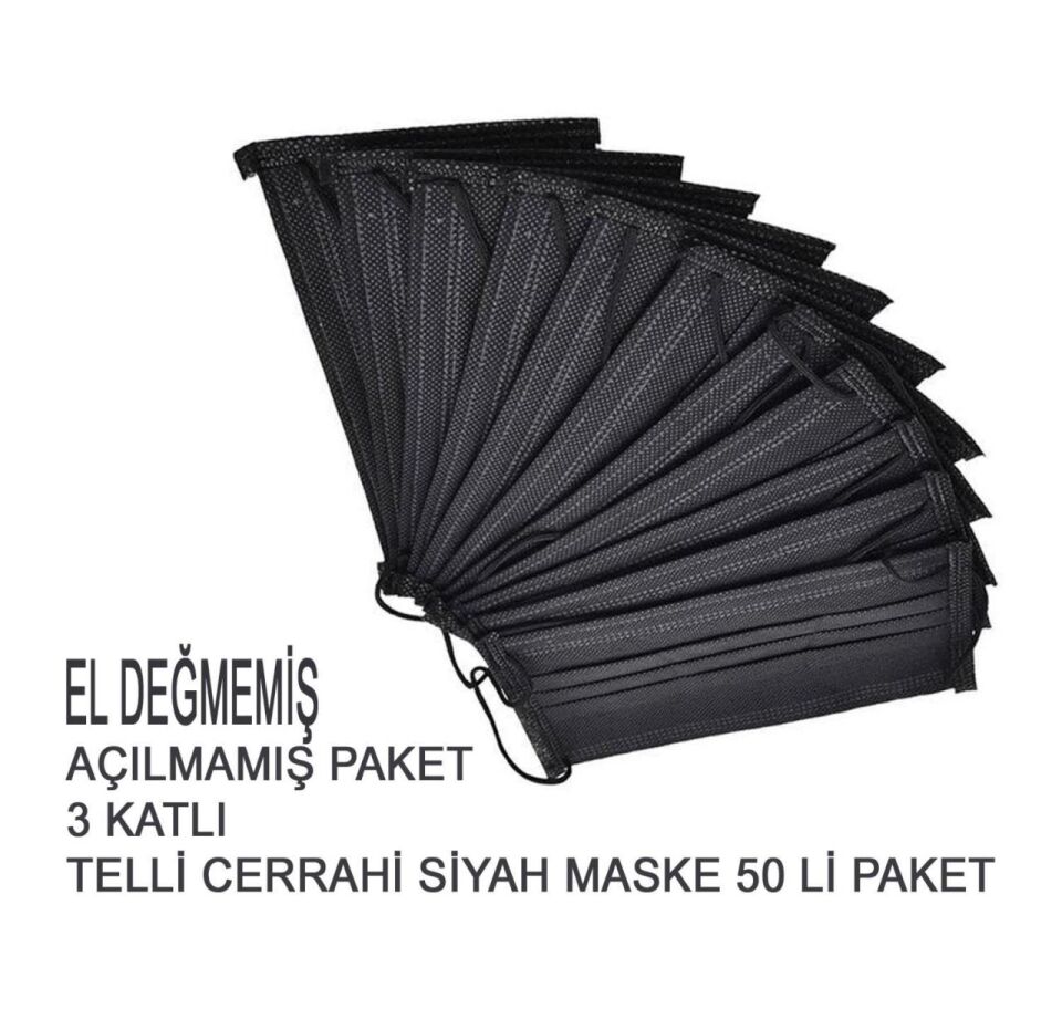 Drn Mask 3 Katlı Lastikli Telli Cerrahi Yüz ve Ağız Maskesi 50 li Siyah