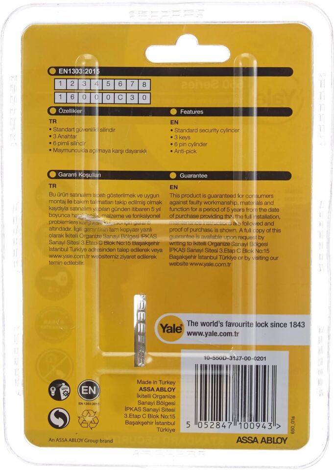 Yale Kilit Göbeği Standart Silindir, Metal, 68 mm / 10-550D-3137-00-0201 650 Serisi Patentli