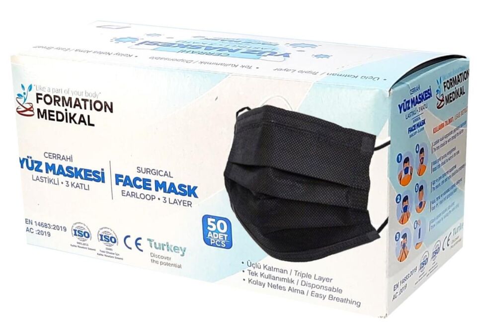Formation Medikal Lastikli Telli Cerrahi Yüz ve Ağız Maskesi 50 li Siyah