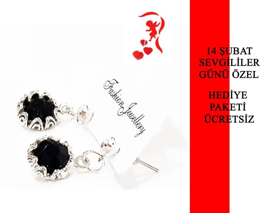 Damla Gümüş ve Siyah Taşlı Gümüş Renkte Aşka 1 Çift Küpe