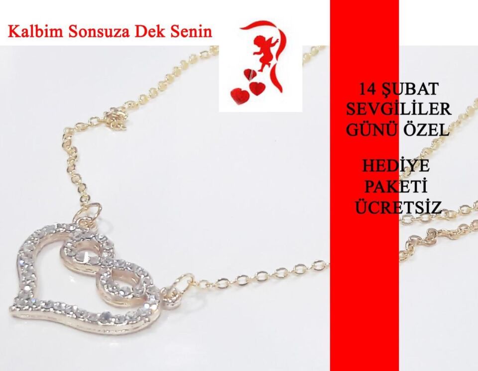 Kalbim Sonsuza Dek Senin Taşlı Altın Renkte Kalp ve Sonsuzluk Detaylı Kolye İnce Zincirli