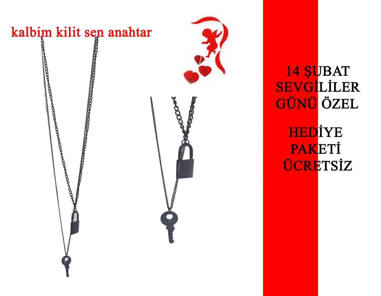 Kalbim Kilit Anahtarı Sen Siyah Kilit ve Anahtar Detaylı Kolye
