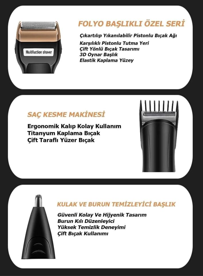 ASTRA RD-6360 - 3 Başlıklı Özel Seri Titanyum Pro Edition Saç Sakal Burun Kılı Alma Tıraş Makinesi
