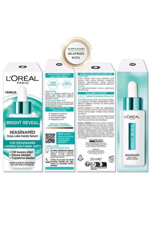 L'Oreal Paris Bright Reveal Sivilce, Güneş, Yaşlanma Lekelerinde Etkili Koyu Leke Karşıtı Serum, 10% Niasinamid, 30 ml