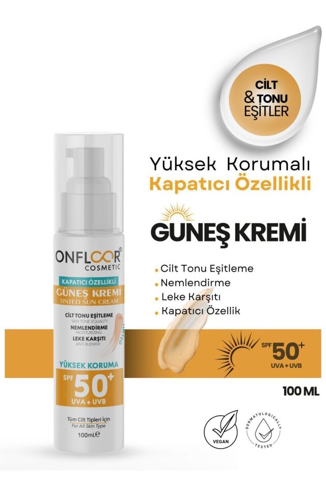 ONFLOOR COSMETİC 100 Ml Güneş Kremi Tinted Kapatıcı Özellikli Spf 50 Tüm Ciltler İçin SKT: 06-2026