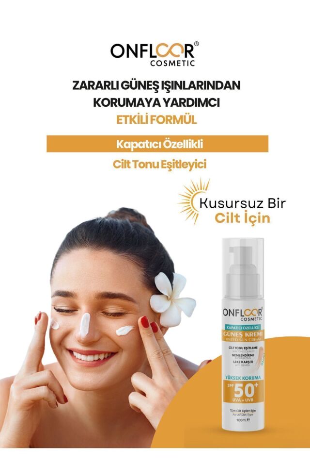 ONFLOOR COSMETİC 100 Ml Güneş Kremi Tinted Kapatıcı Özellikli Spf 50 Tüm Ciltler İçin SKT: 06-2026