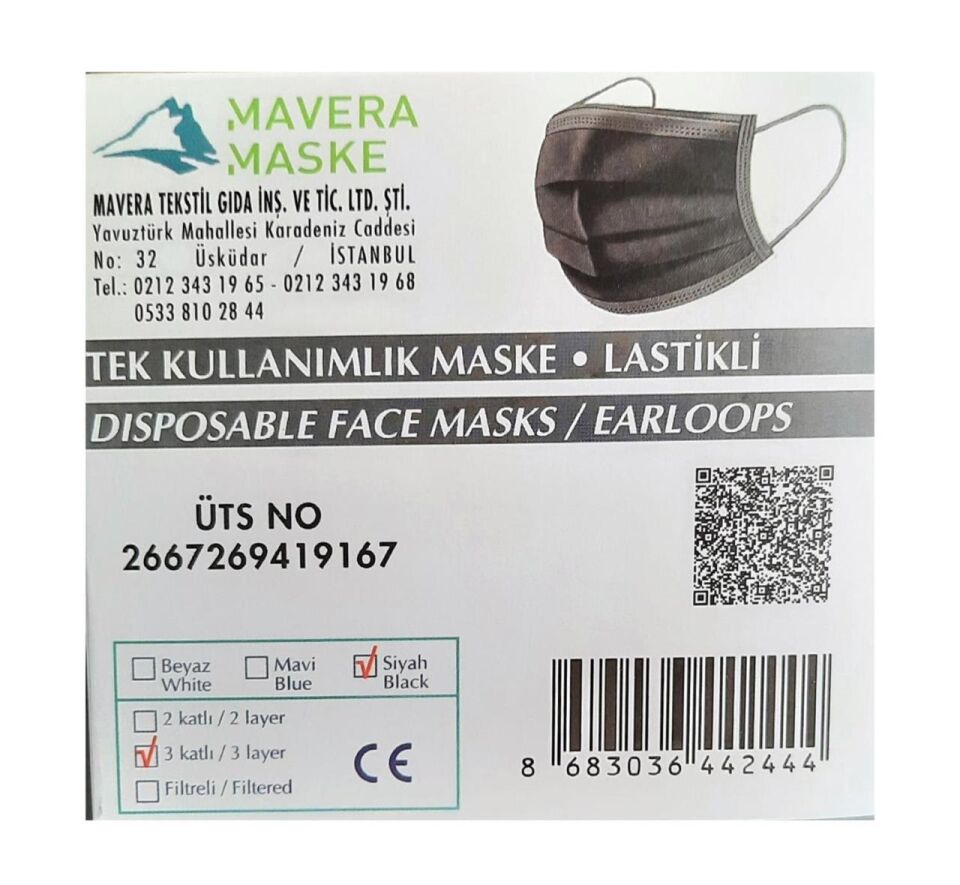 Mavera Lastikli Telli Cerrahi Yüz ve Ağız Maskesi 50 li Siyah