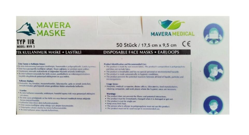 Mavera Lastikli Telli Cerrahi Yüz ve Ağız Maskesi 50 li Siyah