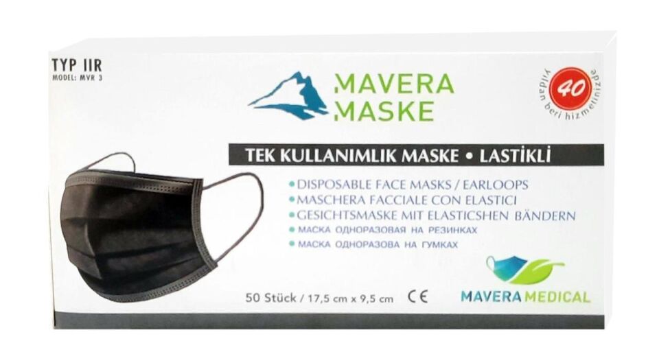 Mavera Lastikli Telli Cerrahi Yüz ve Ağız Maskesi 50 li Siyah