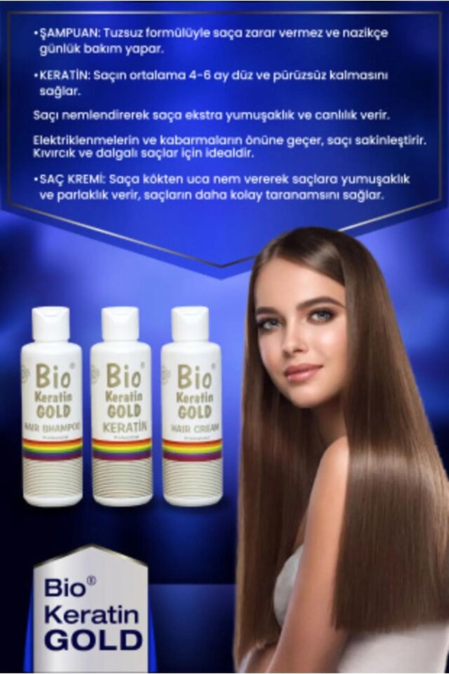 Bio Keratin Gold 150 ml + 150 ml Saç Kremi + 150 ml Şampuan Brezilya Fönü 5 Ay Kalıcı