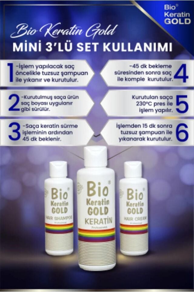 Bio Keratin Gold 150 ml + 150 ml Saç Kremi + 150 ml Şampuan Brezilya Fönü 5 Ay Kalıcı