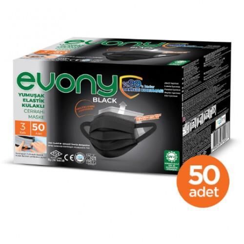 Evony Yumuşak Elastik Kulaklı Siyah Maske 50 li