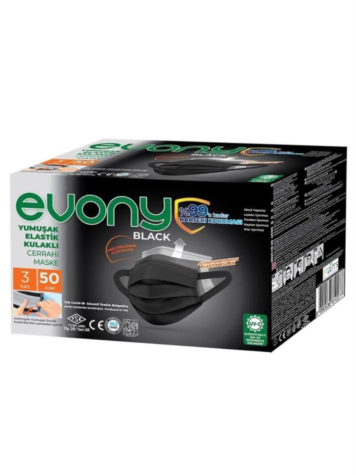 Evony Yumuşak Elastik Kulaklı Siyah Maske 50 li