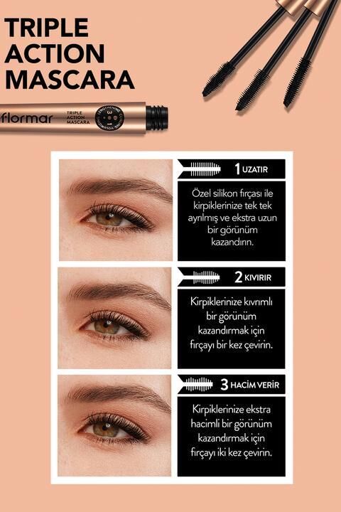 Flormar Uzun-Kıvrık-Hacimli Görünüm Veren Silikon Fırçalı Üç Aşamalı Maskara (Siyah) - Triple Action