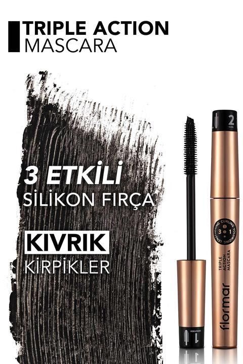 Flormar Uzun-Kıvrık-Hacimli Görünüm Veren Silikon Fırçalı Üç Aşamalı Maskara (Siyah) - Triple Action