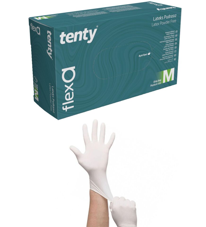 Tenty Flex Lateks Eldiven Pudrasız Muayene Eldiveni Medium - M - Beyaz