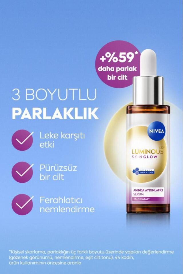 Nivea Luminous630 Skin Glow Anında Aydınlatıcı Serum, 30 ml, Eşit Cilt Tonu,Nemlendirme,Leke Karşıtı Thiamidol,Niasinamid,Aloe Vera
