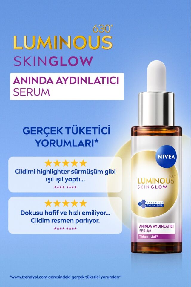 Nivea Luminous630 Skin Glow Anında Aydınlatıcı Serum, 30 ml, Eşit Cilt Tonu,Nemlendirme,Leke Karşıtı Thiamidol,Niasinamid,Aloe Vera