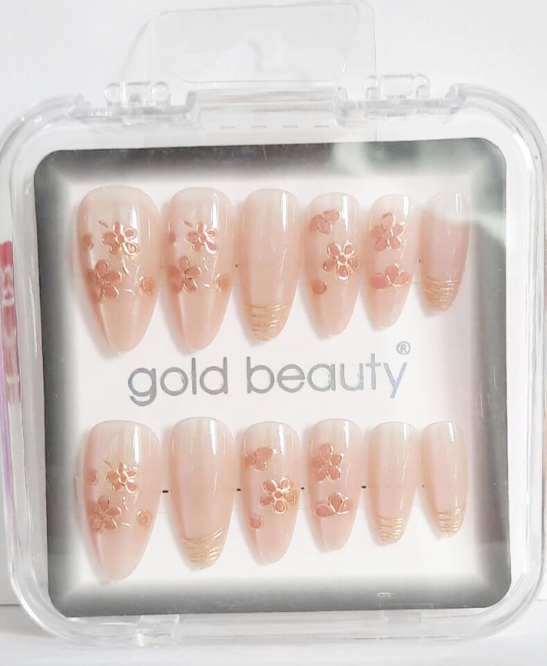 Gold Beauty Kedi Gözü Takma Tırnak 12 li EP-1527 - 20 Ten Çiçek Desenli