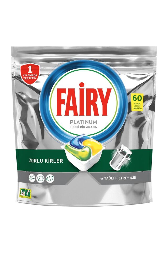 Fairy Platinum Hepsi Bir Arada 60 Yıkama Bulaşık Makinesi Deterjanı Kapsülü Limon Kokulu