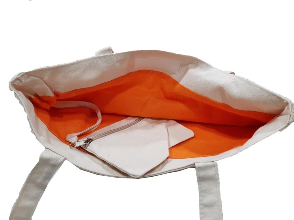 Cüzdanlı Bez Çanta Büyük Kol Çsntası Krem Renkli Turuncu Detay