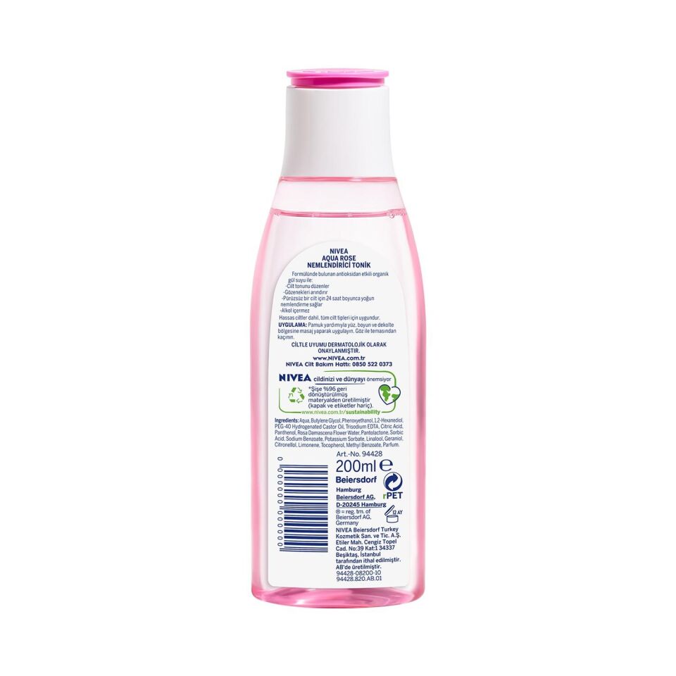 Nivea Aqua Rose Organik Gül Suyu İçeren Nemlendirici Tonik (200ml), Tüm cilt tipleri için, Gözenek Arındırıcı, 24 Saat Yüz Nemlendirici