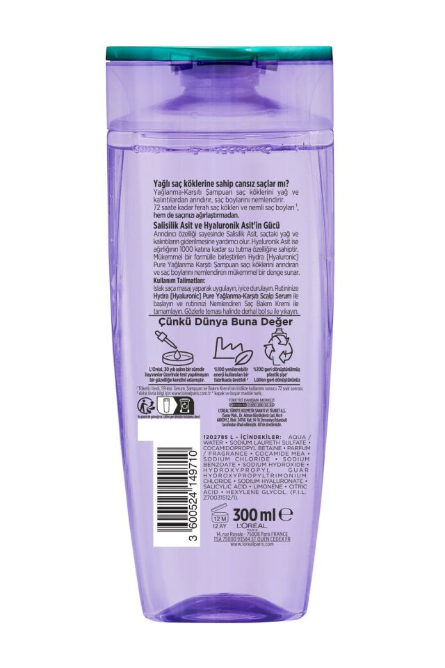 Elseve Şampuan Hydra Pure Salisilik Asit içeren Yağlanma Karşıtı Yağlı Saçlar 300 Ml