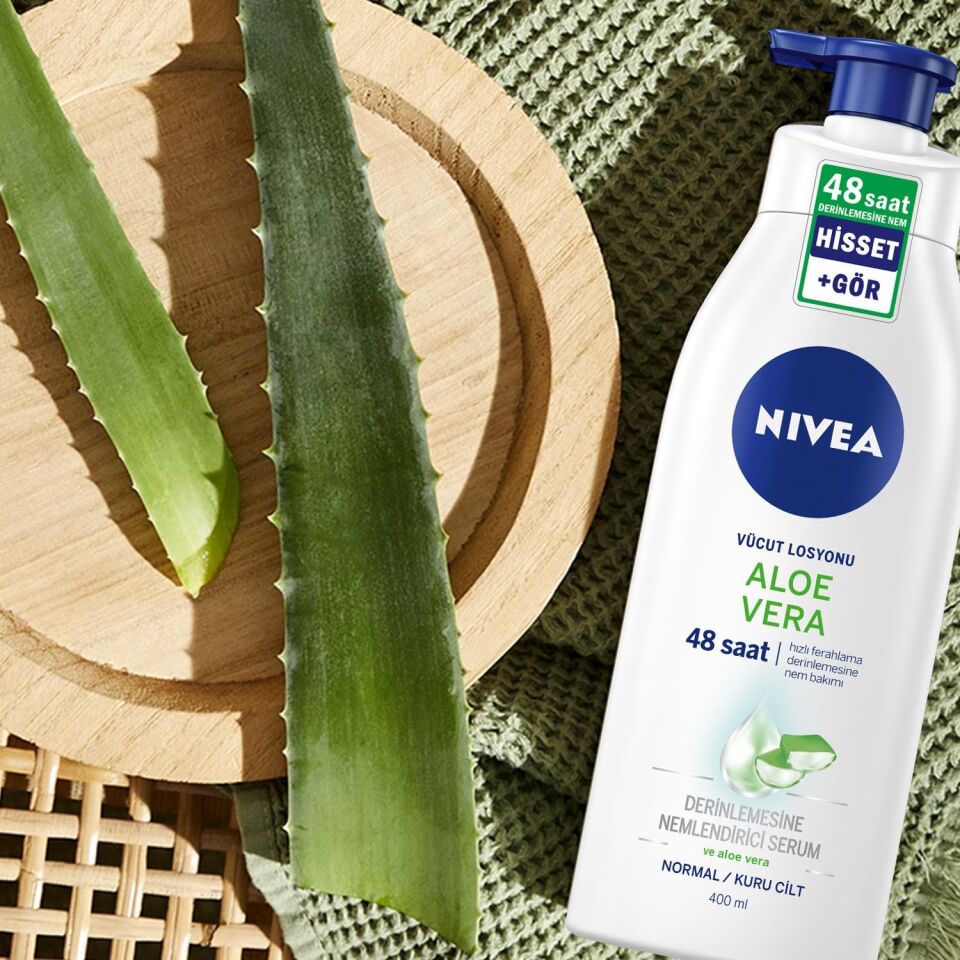 Nivea Aloe Vera Vücut Losyonu 400ml Pomp Normal / Kuru Ciltler için, Derinlemesine Nemlendirici Serum ve Aloe vera ile 48 Saat Vücut Nemlendirme