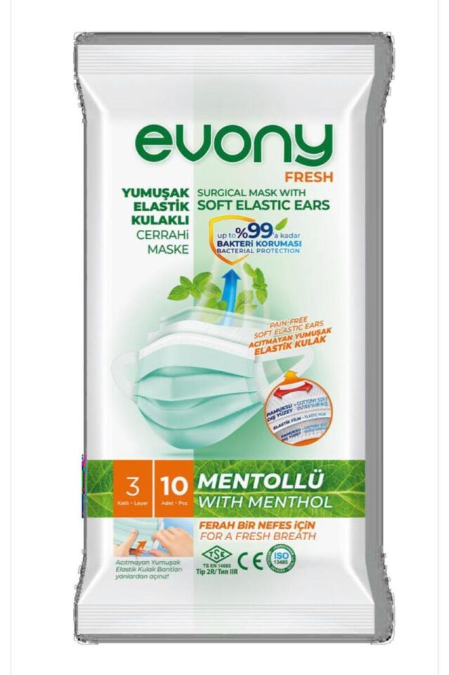 Evony Cerrahi Maske Yumuşak Elastik Kulaklı Fresh Mentollü 10 lu