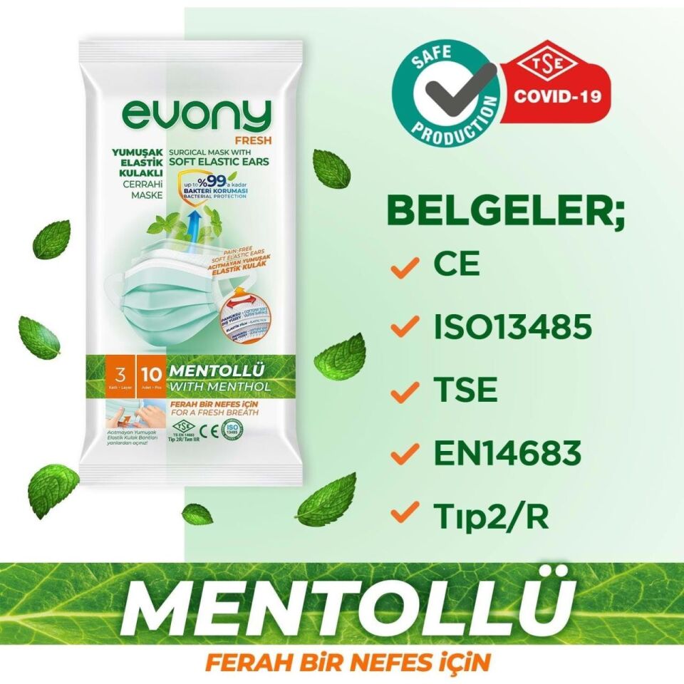 Evony Cerrahi Maske Yumuşak Elastik Kulaklı Fresh Mentollü 10 Adet