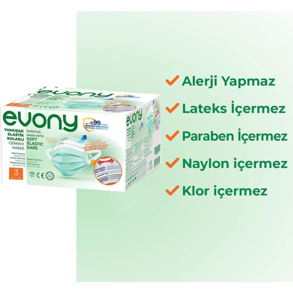 Evony Cerrahi Maske Yumuşak Elastik Kulaklı  50 li