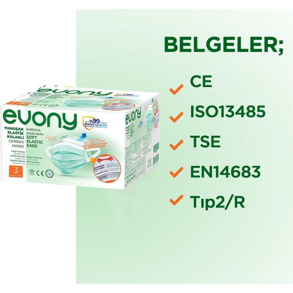 Evony Cerrahi Maske Yumuşak Elastik Kulaklı  50 li