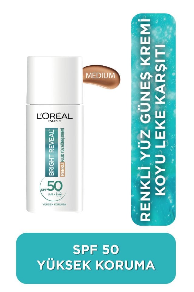 Loreal Paris Bright Reveal Spf 50+ Koyu Leke Karşıtı Renkli Fluid Günlük Yüz Güneş Kremi 50ml - Medium