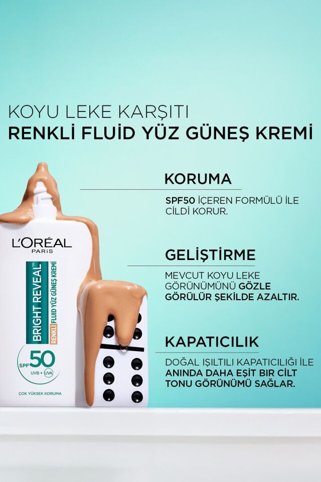 Loreal Paris Bright Reveal Spf 50+ Koyu Leke Karşıtı Renkli Fluid Günlük Yüz Güneş Kremi 50ml - Medium