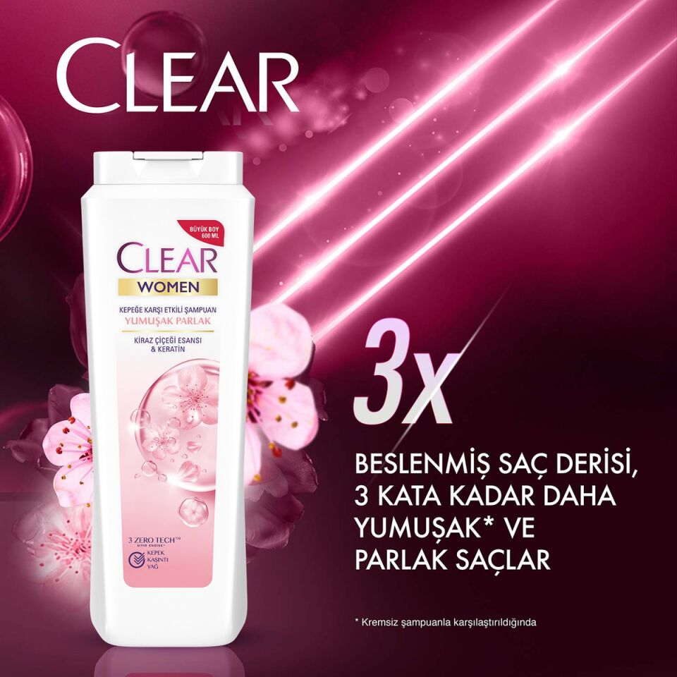 Clear Şampuan Kepeğe Karşı Etkileyici Besleyici Yumuşak Parlak Kiraz Çiçeği Esansı 600 Ml