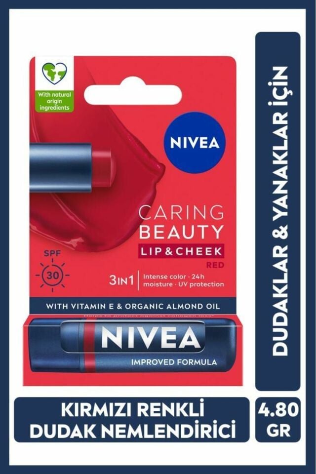 Nivea Lip Balm Bakımlı ve Renkli Dudak Balmı Kırmızı 4,8Gr Red Nemlendırme,Spf30,Doğal Yağlar,E Vitamini,Dudak Ve Yanaklar Için