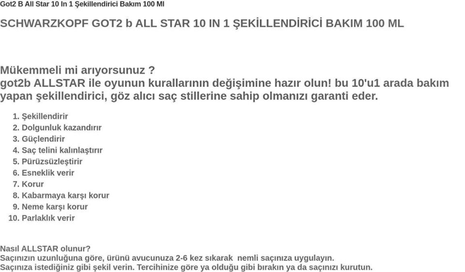 Got2b All Star 10 In 1 Şekillendirici Bakım Sprey 100 Ml